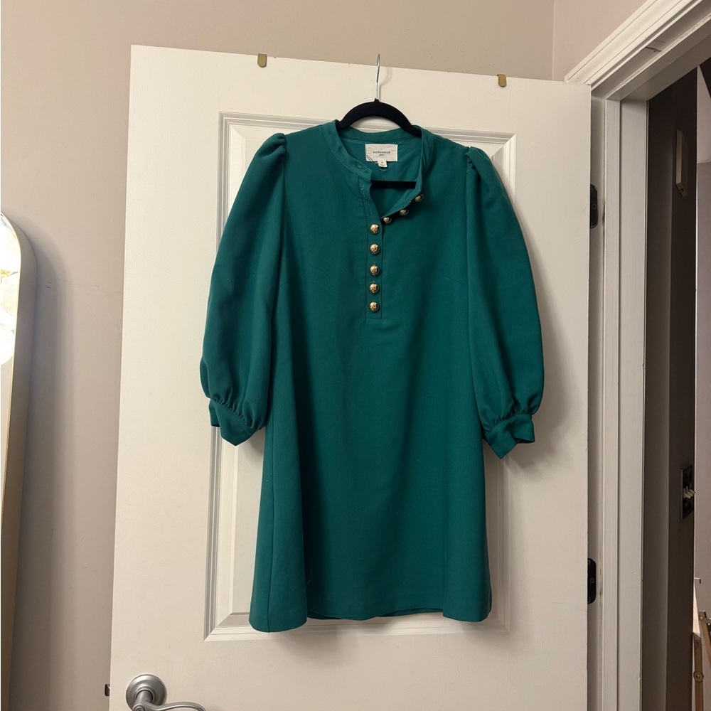 Pomander Place Emerald Green Puff Sleeve Dress with Gold Buttons